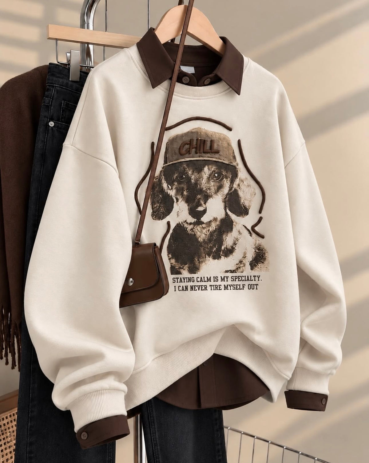 Beige Dog Graphic Sweater