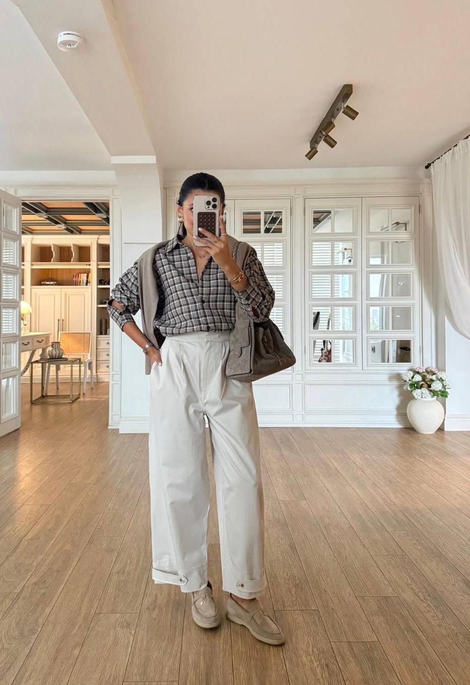 Beige Plaid pattern shirt